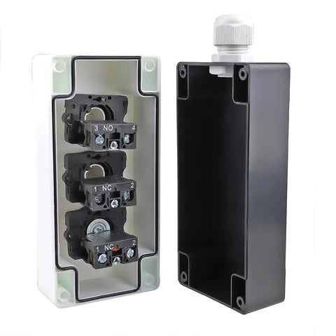 Open casing of 1 No Start 1 NC Stop Momentary Push Button Switch Set with Red Mushroom E-Stop, panel mount, showing internal wiring.