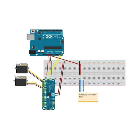 Two Pack PCA9685 16-Channel 12-Bit PWM Servo Driver I2C Module for Arduino connection schematic showing wiring setup.