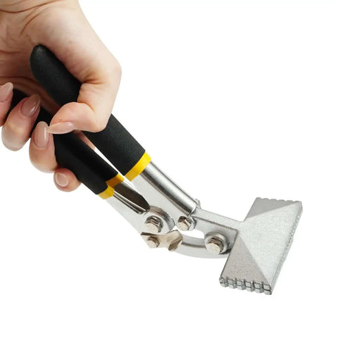 Hand holding Hand Seamer For Sheet Metal With Straight And Curved Jaw, Pro Grade Manual Bender Tool With Ergonomic Handles, Nickel Plated