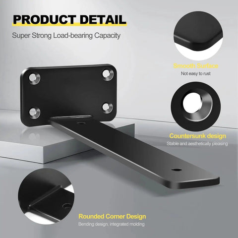 Close-up of 10 Inch Black Hidden L Shelf Brackets Set Of 12 Heavy Duty Iron Floating Shelf Brackets showing smooth surface and countersunk design.