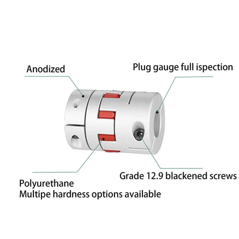 Two Pack Aluminum Flexible Shaft Couplings 10mm To 14mm Bore, 35mm Long Plum Shaped Spider Coupler with grade 12.9 screws