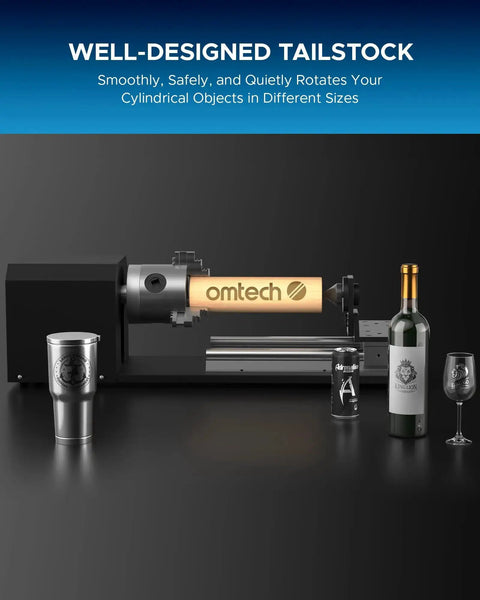 Rotary Cutter and Engraver Attachment With Three Jaw Chuck and Two Phase Stepper Motor for CO2 Laser Engraving Machines shown with cylindrical objects