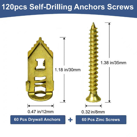 120 Piece Self Drilling Drywall Anchors With Screws Kit In Zinc Plated Steel, includes 60 drywall anchors and 60 screws