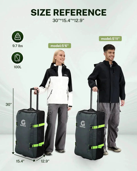 Rugged Rolling Duffle Bag With Wheels For Travelers, water repellent 30 inch nylon large wheeled travel duffle luggage, 100L, Green Gonex, shown with models
