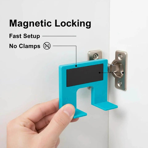 Person using Magnetic Cabinet Door Hinge Jig Kit with Adjustable Scale and Spacer for Quick No Drill Installation on cabinet door