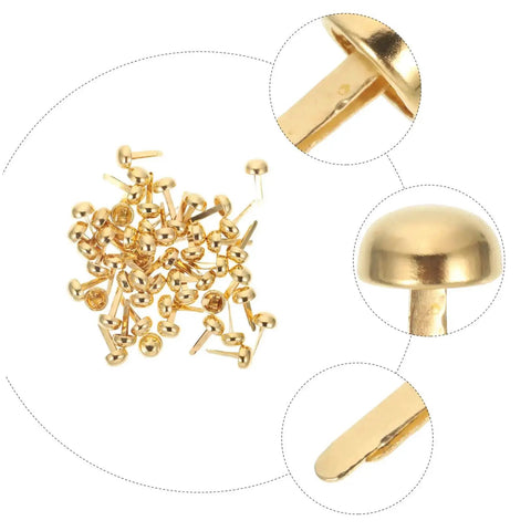 100Pcs Brass Mini Nails And Tacks For Scrapbooking, Card Making, And DIY Paper Craft Embellishments, Hanging Nails For Photos, Cards, And Albums, Perfect For Hinges And Boxes shown in a pile with close-up details.
