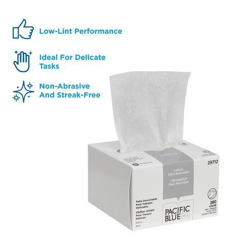 Box of Delicate Task Wipes Recycled Light Duty 1 Ply 4.5x8.25 Inches, 280 count, showing low-lint performance features