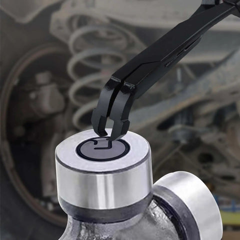 75 Degree Angled U-Joint Snap Ring Pliers With Push Pin Removal Tool for auto and medium duty vehicles in use on U-joint