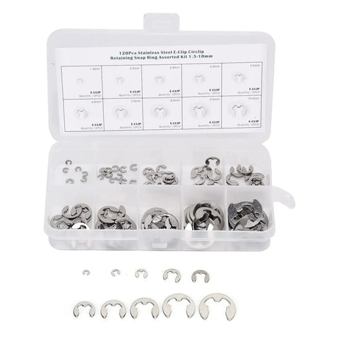 120 Piece E Clip Set In Stainless Steel External Retaining Rings Circlips From 1.5mm To 10mm with Smooth No Burr Edges