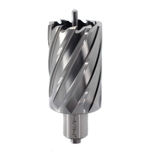 Beefy Annular Cutter For Magnetic Drill Press One Nine Sixteenth Inch Cutting Diameter And Two Inch Depth With Three Quarters Inch Weldon Shank Two Flat Pilot Pin Included Delivers Holes Ten Times Faster