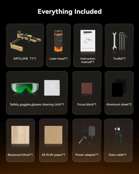 Contents of Foldable 7W Laser Engraver package including laser head, instruction manual, safety goggles, and toolkit.