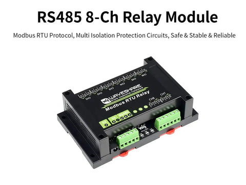 Rugged Modbus RTU 8 Channel Relay Module With RS485 Interface And ABS Enclosure, front view showcasing connectors and labels