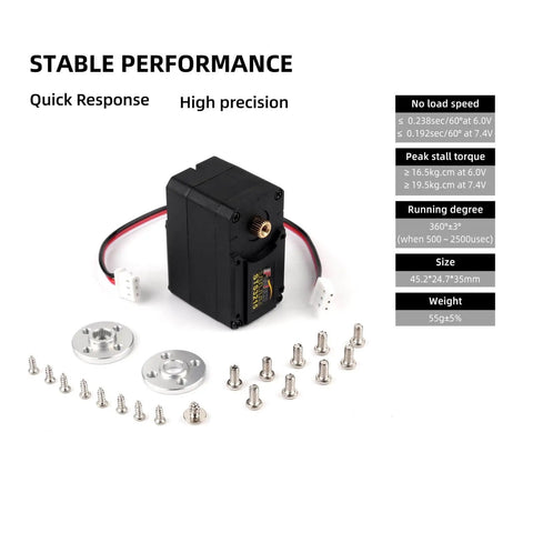 360 Degree Robotic Servo Motor With Magnetic Encoder And Serial Bus, 7.4V, 19Kg Torque, mounting hardware, and specifications