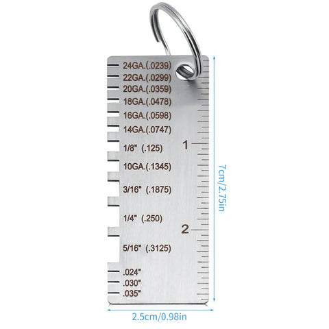 Stainless Steel Thickness Gauge For Welding And Metal Fabrication Pro Grade DIY Friendly Tool Measures 24GA 22GA 20GA 18GA 16GA 14GA On Steel Sheet And Wire close-up display of measurement markings.