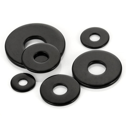 Flat washers, 50-piece set, black 304 stainless steel, 1/4 inch inner hole, 1 inch outer diameter.
