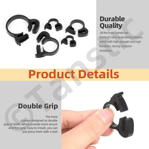 Close-up of 56 Pieces Nylon Hose Clamps Set In 5 Sizes Double Snap Grip Heavy Duty Ratcheting Clamps with snap fastener tool.