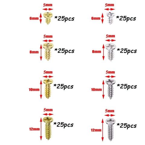 Image displaying 200Pcs Small Flat Head Cross Wood Screws Set Carbon Steel Self Tapping Assortment Kit In Gold And Silver for DIY use.