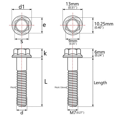 Diagram of Titanium M7x50mm Hex Flange Bolt For Motorcycle Modification Pack Of 4 Black Grade 5 6AL 4V Titanium Alloy.
