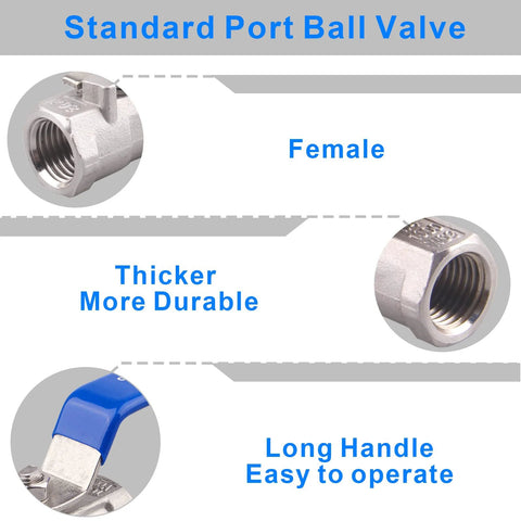 Stainless steel 1-piece ball valve with blue handle, 1/4 in NPT standard port, female threaded ends, pack of 2