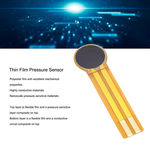 Thin film pressure sensor with circular black sensing pad on flexible yellow gold circuit strip.