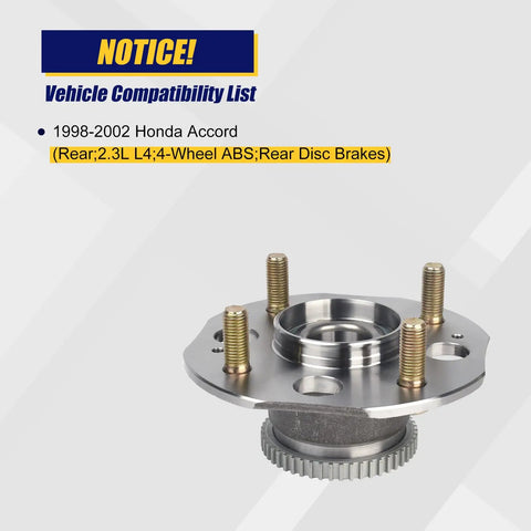 Rear Wheel Bearing And Hub Assembly 512178 For 1998 1999 2000 2001 2002 Honda Accord 2.3L L4 With Rear ABS Disc Brakes