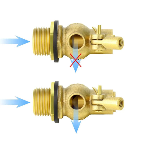 Three Quarter Inch Float Ball Valve With 304 Stainless Steel Float And Brass Body Three Quarter G Female To Three Quarter NPT Male Adapter Adjustable Water Tank Level Control For Stock Tanks And Pool Applications DIY Friendly brass body side view showing open and closed positions