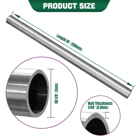 Diagram showing one eighth inch OD 304 stainless steel tubing with half millimeter wall thickness and ten inch length