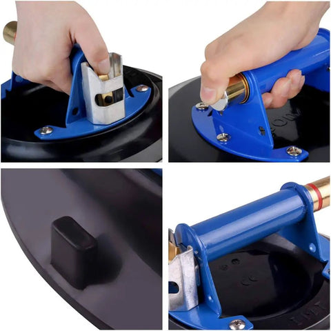 Close-up of Beefy 10 Inch Metal Vacuum Suction Cup with metal handle and brass pump, showcasing parts and features for lifting.