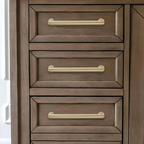 10 Pack 5 Inch Champagne Bronze Cabinet Pulls on wooden drawer, solid zinc alloy, corrosion resistant electroplated finish, smooth surface