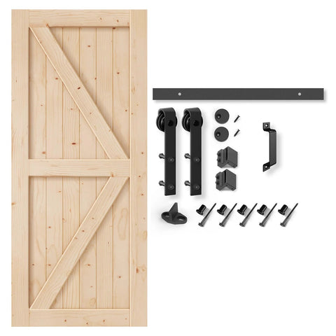 32 Inch By 80 Inch Sliding Barn Door With 5.5 Foot Hardware Kit And Handle Included Easy Install DIY Assembly For Your Home And Storage Spaces K Frame displayed with parts on white background