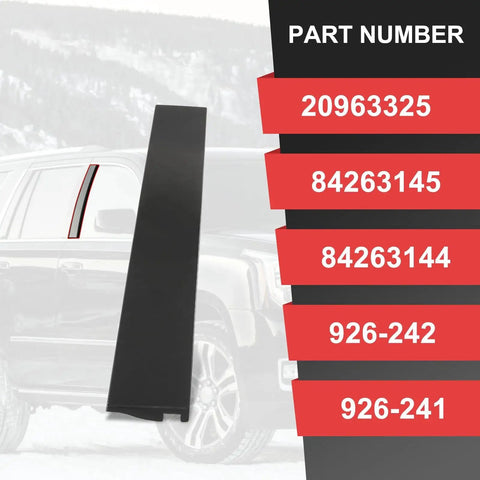 Outer B Pillar Window Trim Molding Replacement for Cadillac ESV Suburban Tahoe shown in gloss black plastic.