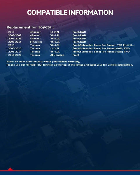 Compatibility information for Toyota vehicles including 4Runner, Tacoma, FJ Cruiser with details on engine type and drivetrain.