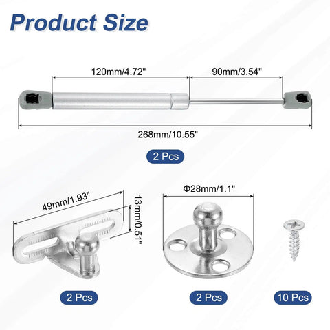 Lid Support Hinge 20N Gas Struts Soft Close Folding Lid Stay Hinges Uxcell 2 Pack with fixing plate and screws, dimensions shown.