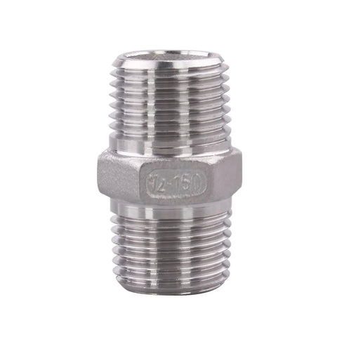 Stainless steel 1/2 in double-ended male hex nipple with NPT threads