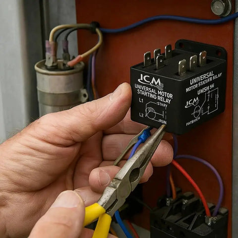 Universal Motor Starting Relay For Heavy Duty Single Phase Motors Up To 10 HP With 50A Switching Capacity Replacement ICM UMSR50 Pro Grade Auto Electric Relay Designed To Replace Most Standard Relays And Simplify Stock Authorized Distributor Warranty being installed with pliers