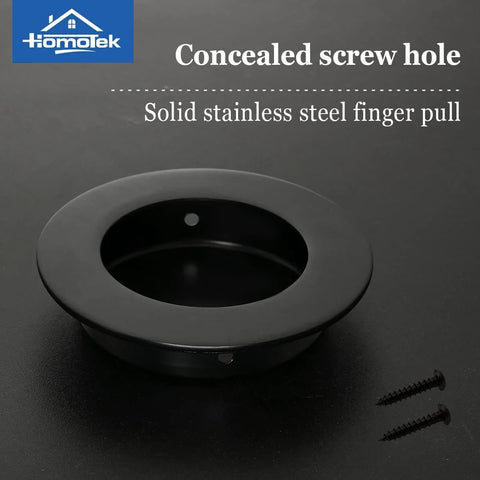 Four Pack Round Sliding Closet Door Handles, 2-1/2 Inch Diameter Black Flush Pocket Pulls with screws on display