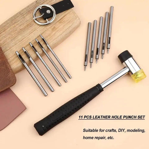Leather Hole Punch Tool Set With 10 Round Punch Sizes From 0.5mm To 3.5mm And Double Head Plastic Rubber Hammer for crafts and DIY projects