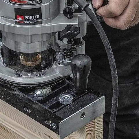 Close-up of Pro Router Bit being used in All-In-One Adjustable Door Hinge Jig Installation Kit For 2 Ft 6 In To 9 Ft Doors by Trend.