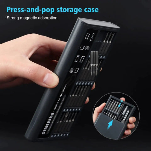 Press-and-pop storage case for Dope Micro Screwdriver Set 50 In 1 Precision Kit With S2 Steel Bits handling demonstration