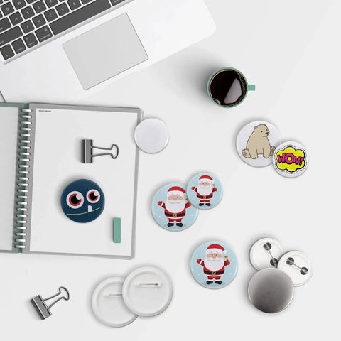 Mostme 58mm button supplies set, 200 pcs; round badge blanks with pin backs, metal fronts, clear film and blank paper