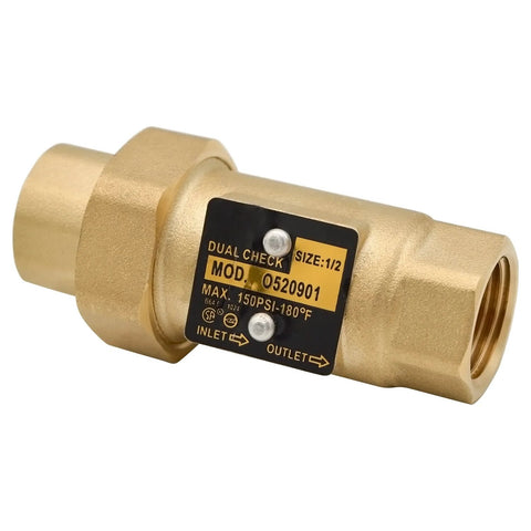 Brass dual check valve, 1/2 in. FNPT, solid brass body with inlet/outlet arrows