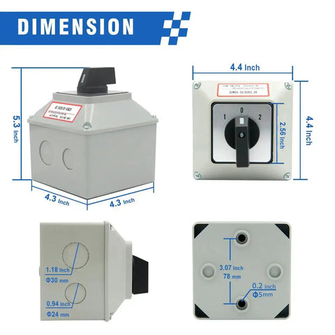 Dimensions of Three Position Rotary Changeover Switch Kit With Box 660V Two Pole 40A IP65 CE Rated 8 Terminals
