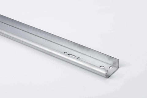 Close-up of a single galvanized steel track rail from Pair Of Heavy Duty Vertical Track Rails For 8 Foot Garage Doors, 76 Or 88 Inch Length Options, Made In USA From Durable US Steel, Built Tough Replacement Garage Door Hardware For Smooth Operation And Long Lasting Performance.