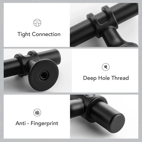 Image showing features of Black Cabinet Pulls 25 Pack, 3 Inch Hole Center, 5 Inch Total Length including tight connection, deep hole thread, and anti-fingerprint.