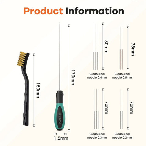 Dimensions of Pro Grade 3D Printer Nozzle Cleaning Kit with rubber handle, cleaning needles, and copper wire brush.