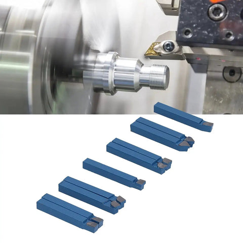 10 Pack Quarter Inch Metal Lathe Cutting Tools With Carbide Tips C6 Bits for Turning Boring and Chamfering, shown with lathe in use