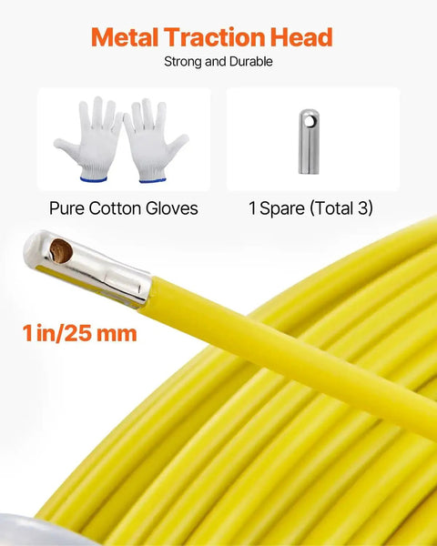 Close-up of Fiberglass Fish Tape 425 Foot Long Quarter Inch non-conductive wire with metal traction head and gloves included.