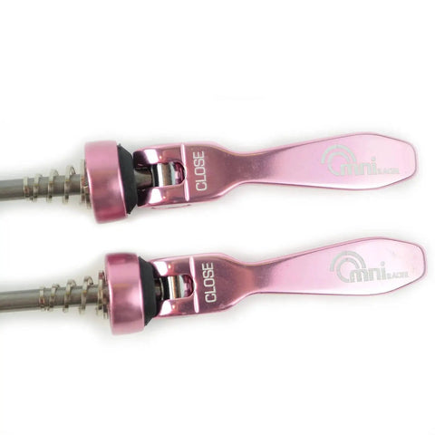 Racer Quick Release Wheel Skewer Set For Road And MTB Pink Stainless Alloy Axles With Rustproof Delrin Cam Washers
