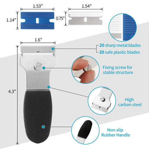 Diagram of Razor Blade Scraper Kit With Four Scrapers And Forty Replacement Blades Metal And Plastic For Glass Caulk Adhesive