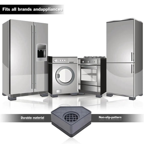 Graphic showing Anti Vibration Pads for Washing Machine and Dryer Feet Kit with appliances, highlighting durable rubber and non-slip design.